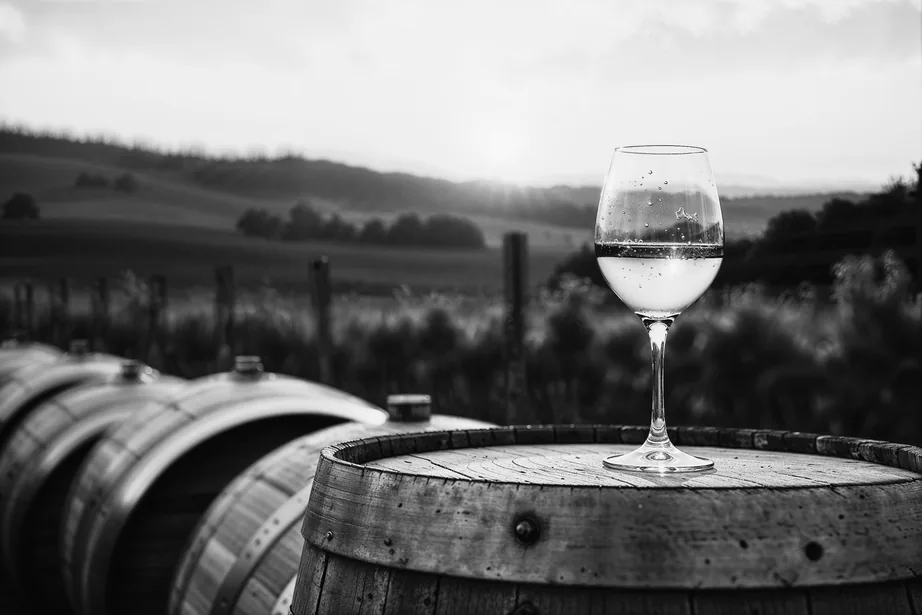 Copa de vino sobre una barrica frente a un viñedo